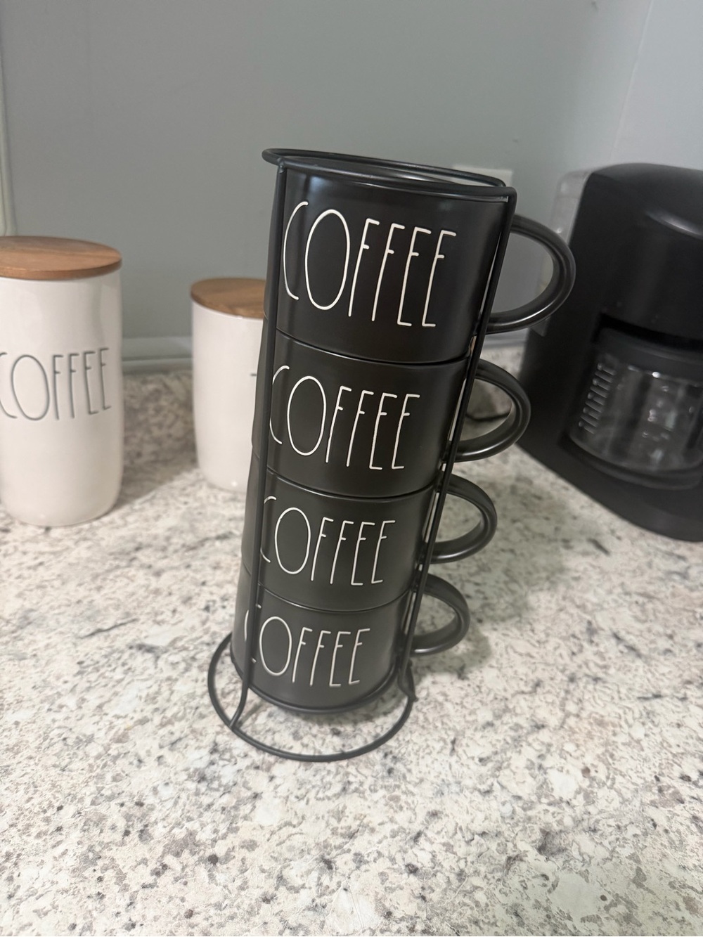 Rae Dunn Black Stackable Coffee Mugs with Wire Stand - 4 Piece